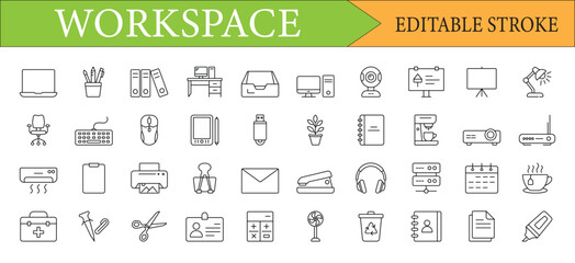Workspace and Office Line Icons Editable Stroke Vector Set