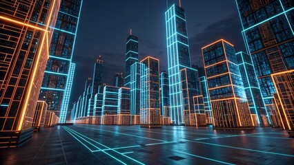Futuristic neon cityscape glowing with orange and blue lights buildings