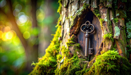 Key Hidden in a Tree Trunk Surrounded by Lush Greenery