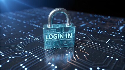 Glowing digital padlock with login text on circuit board technology security