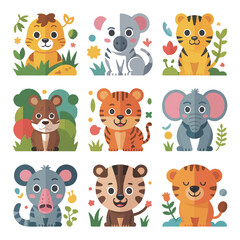 Obraz premium Vector art of a charming set of cartoon animal illustrations including lions, tigers, elephants, mice, and donkeys
