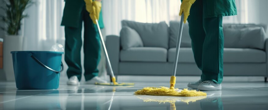 The cleaning staff mops the floor in a bright, modern living room. - Powered by Adobe
