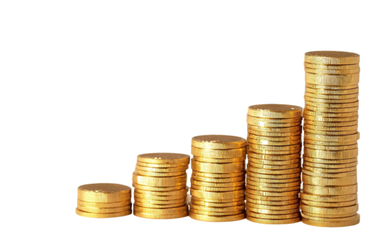 Gold coins stacked in ascending order, forming a graph of increasing value