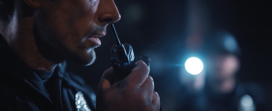The police officer communicates through a radio in a tense night scene.