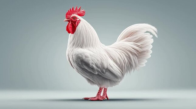 roud white rooster chicken in profile. Majestic farm animal bird standing against clean, isolated background in studio shot. Full body portrait with strong light