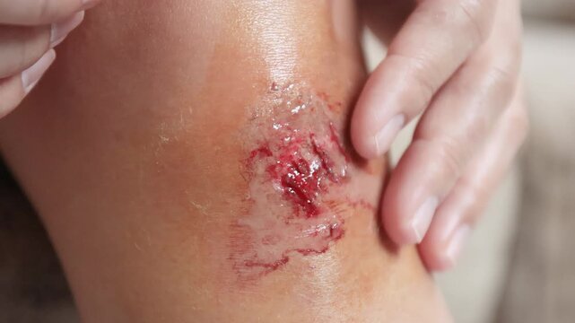 Knee wound, Fresh wound on knee and hand that is caressing, Accident skin wound, Representing wound care, First aid, and personal health, close-up