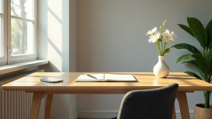 A minimalist workspace bathed in sunlight features a wooden desk, a notebook and pen, a mobile device, a vase of white flowers, and a comfortable chair.