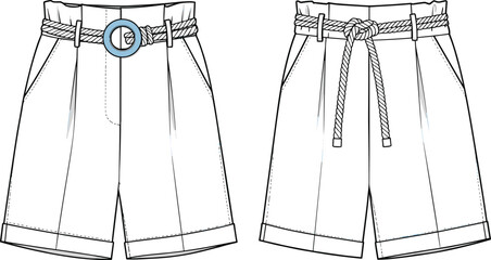 High waist women’s shorts vector, rope belt with ring buckle, fashion cad flat sketch, technical clothing illustration design template