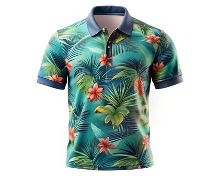 Shortsleeved polo shirt with vibrant tropical floral and leaf print on teal