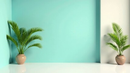 Obraz premium Serene Minimalist Interior Design with Two Lush Potted Plants Against a Two-Tone Wall