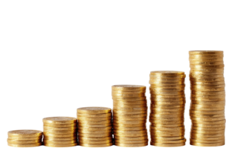 Gold coins stacked in ascending, upward-trending columns, suggesting financial growth