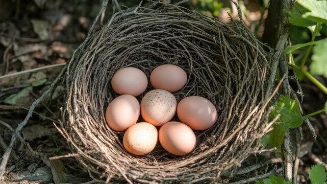 Bird's nest with seven eggs in natural outdoor setting