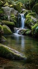 Tranquil mossy waterfall cascading into a clear pool