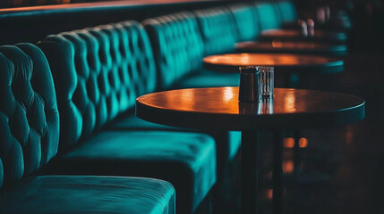 Teal velvet booth seating and dark wood tables in a dimly lit lounge