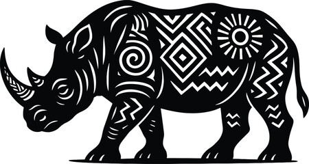Fototapeta premium Tribal Rhino Silhouette Vector – Ethnic Patterned Rhinoceros Design for Wildlife Clipart, Safari Decor, and African Spirit Animal Artwork