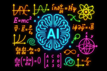 Neon brain circuit with physics equations and mathematical symbols artificial intelligence
