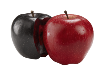 Two apples, one red, one black, side-by-side. Half of the black apple is visible, revealing red interior.  High-quality studio shot, isolated background
