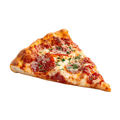 Delicious slice of pepperoni pizza with melted cheese and fresh parsley isolated on transparent background