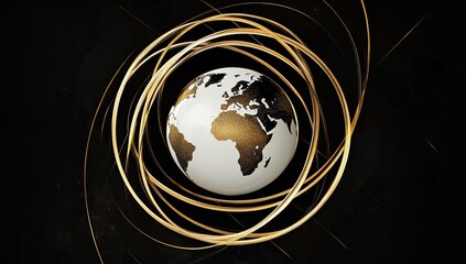 A white and gold globe with rings around it is surrounded by golden spiral lines, creating an elegant logo for the world news channel