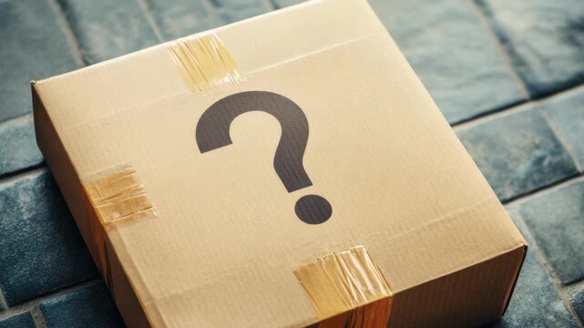 Sealed cardboard box on floor with large question mark