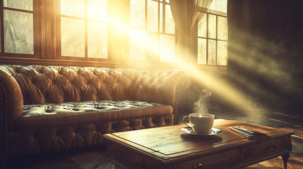 Sunlit room, leather chesterfield sofa, coffee cup on wooden table