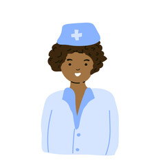 Hand-drawn illustration of a curly female nurse or medical staff character in uniform with a cross cap, shown from the waist up. Concept of healthcare, hospital worker, and medical service.