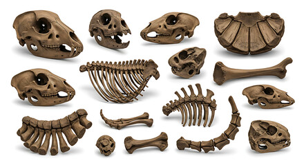 Fossilized animal skeletons and skulls bone ancient