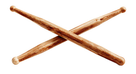Two crossed drum sticks, light brown wood, smooth rounded ends