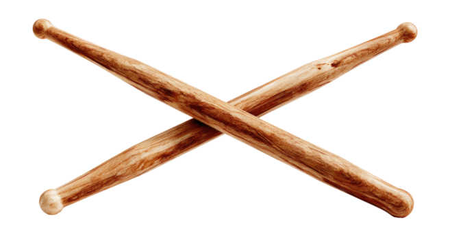 Two crossed drum sticks, light brown wood, smooth rounded ends