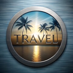 Stylish metallic circle with palm trees and bold TRAVEL text in center square layout perfect for travel agency branding vacation brochure template or modern tropical tourism advertising promotional