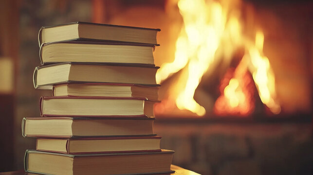 Stack of books by a warm fireplace