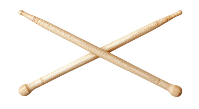 Two wooden drum sticks crossed in an X shape