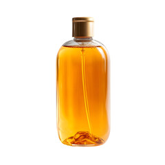A clear glass bottle filled with golden amber liquid and a gold cap isolated on transparent background