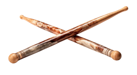 Two crossed drum sticks,  wood grain pattern,  smooth handles