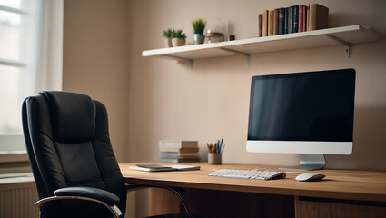 A welllit home office featuring a comfortable black leather executive chair positioned at a wooden desk with a modern computer keyboard mouse and a shelf with books and plants above