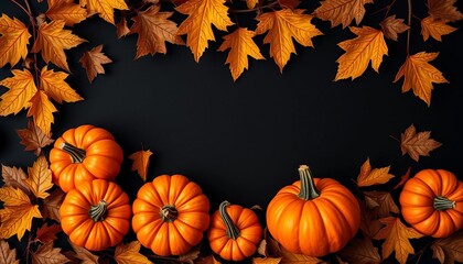 Naklejka premium Vibrant orange pumpkins nestled amongst autumn leaves on a sleek black background, holiday, composition