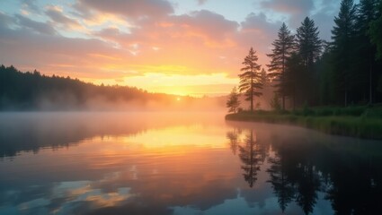 Fototapeta premium Sunrise over a tranquil lake, shrouded in mist.