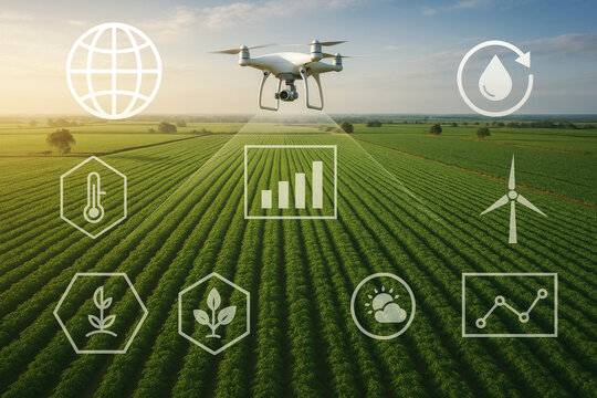 White drone flying over green agricultural field with technology icons agriculture