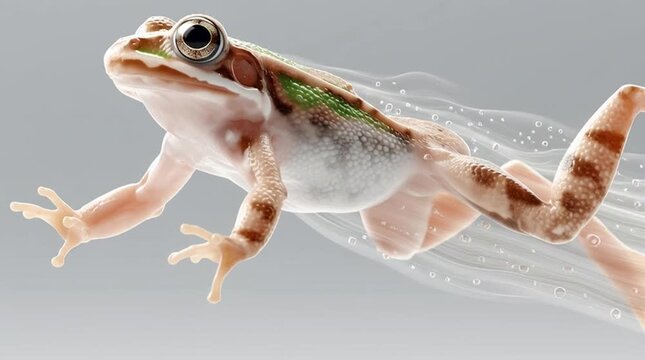 Dynamic jumping frog in mid air showing motion blur effect and speed. Side view of an agile amphibian in action on clean white background, conveying forward movement