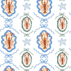 Seafood pattern with lobsters and starfish in nautical colors.