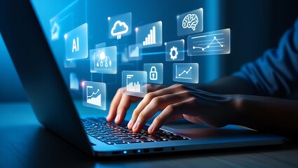 Person typing on a laptop with glowing digital interface and data visualizations