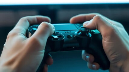 Close up on a player's hands gripping a black video game controller during an intense gaming session with blue ambient light. - Powered by Adobe