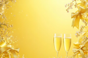 A yellow background with golden bows, champagne glasses, and confetti on the right side