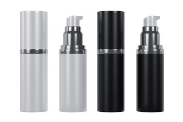 Set of metal tubes, cosmetic bottles, and serum bottles, available in two color versions. White, metallic, chrome, and black metallic chrome, isolated on a transparent background.