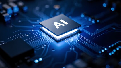 Advanced ai chip glowing with futuristic blue light on a circuit board