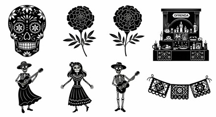 Dia de los Muertos Icon Set – Sugar Skulls, Marigolds, Ofrenda, Skeletons, Papel Picado, Mexican Holiday Vector

