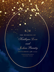 Magic night dark blue frame with sparkling glitter bokeh and light art. Square vector wedding card. Gold confetti and navy background. Golden scattered Christmas dust. Fairytale magic star template