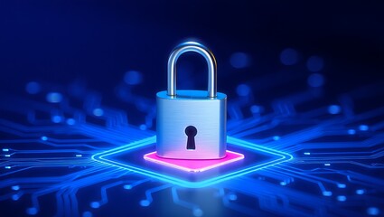 Digital security and cyber protection concept with glowing lock and circuitry