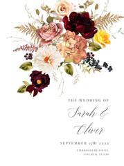 Elegant fall floral frame, arranged leaves and flowers. Orange garden rose, white dahlia, astilbe, ranunculus, berry, dried fern vector design. Watercolor style. Autumn card. Isolated and editable