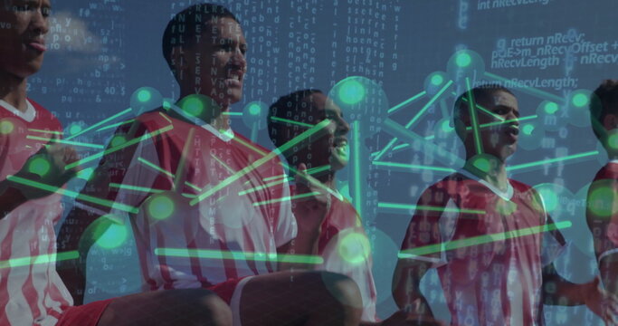 Lifting knees soccer players warming up on pitch, with red-white kits, green nodes and code